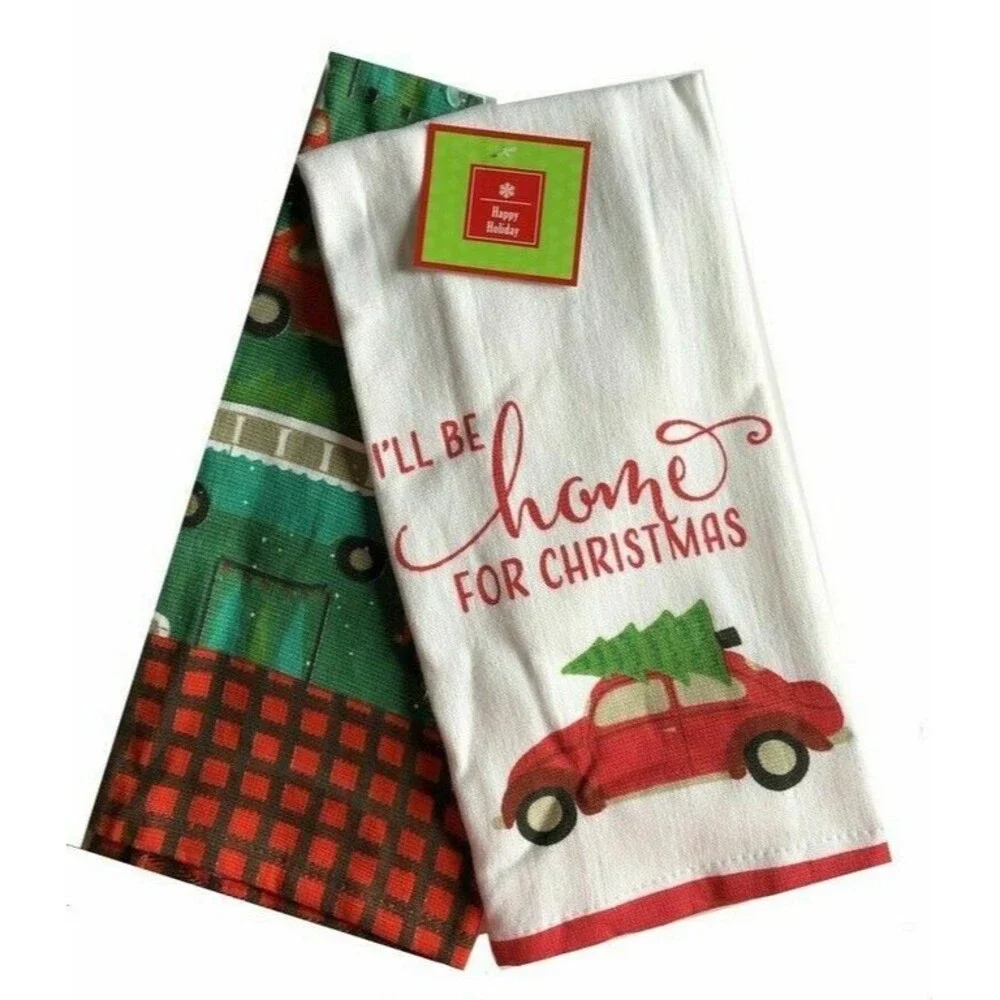 Car Bus Bug Kitchen Dish Towels 100% Cotton Set of 2 I'll Be Home for Christmas